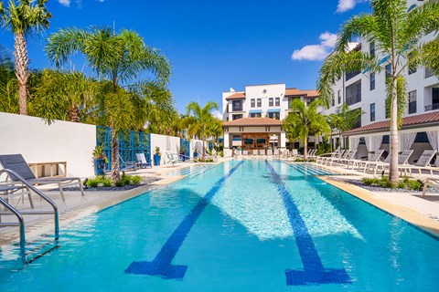 blue pool surrounded by white buildings at Magnolia Square, Naples, FL, 34109