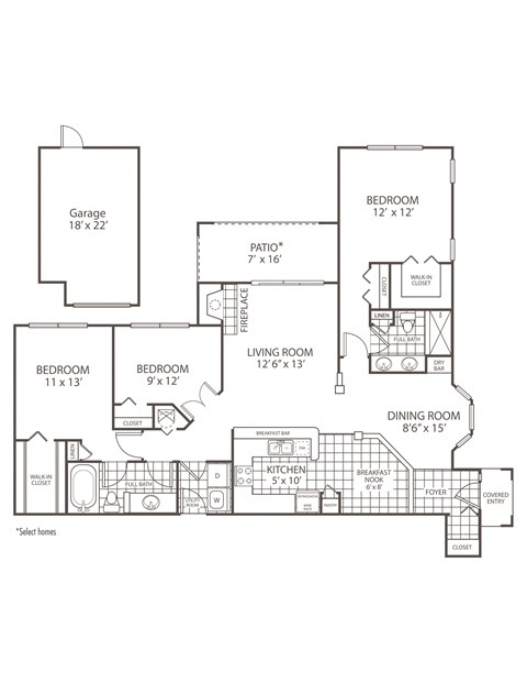 3 Bedroom 2 Bathroom Floor Plan at The Preserve at Tampa Palms, Tampa, FL, 33647