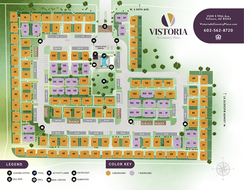 A map of the Vistoria Apartments showing the layout of the buildings and amenities.