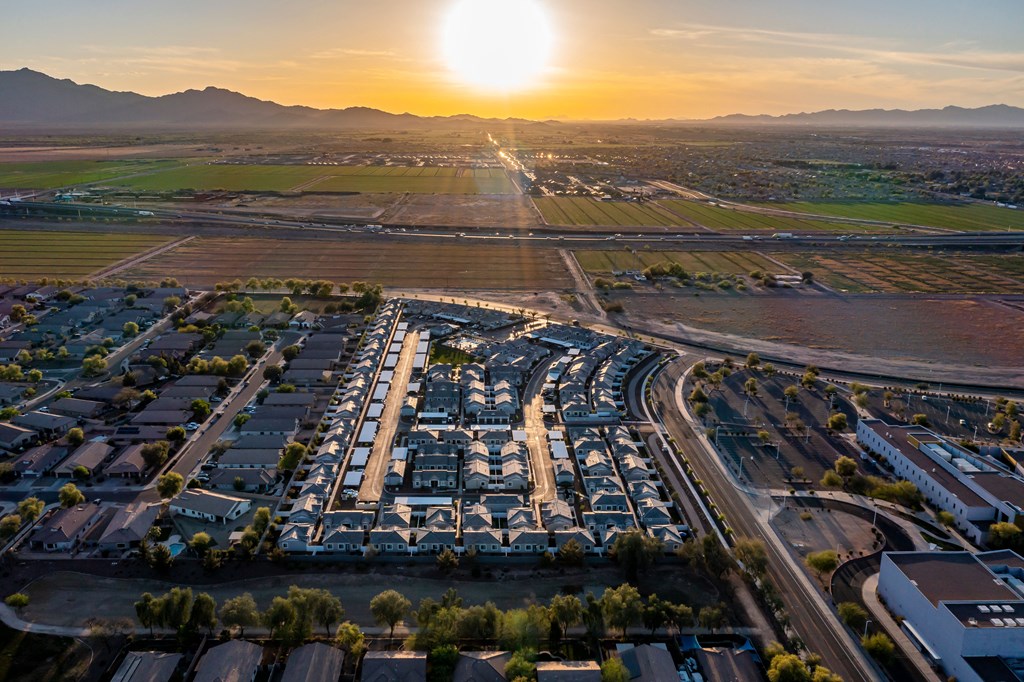 aerial view of houses and mountains  at Sienna at South Mountain Apartments, Laveen, AZ, 85339
