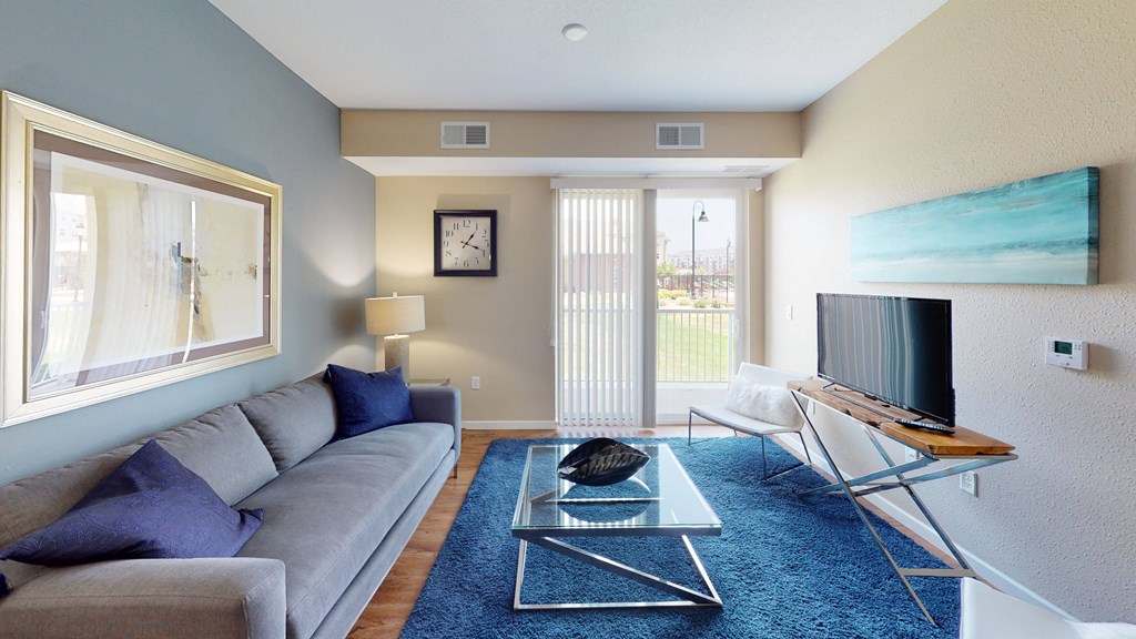 a living room with a gray couch and a blue rug at Skye at Arbor Lakes, Maple Grove, 55369