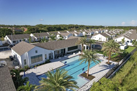 Aerial view of the pool and clubhouse at Odyssey at Soltura at Odyssey, Florida, 33905