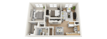 A 3D floor plan of a small apartment with a kitchen, living room, and bathroom.