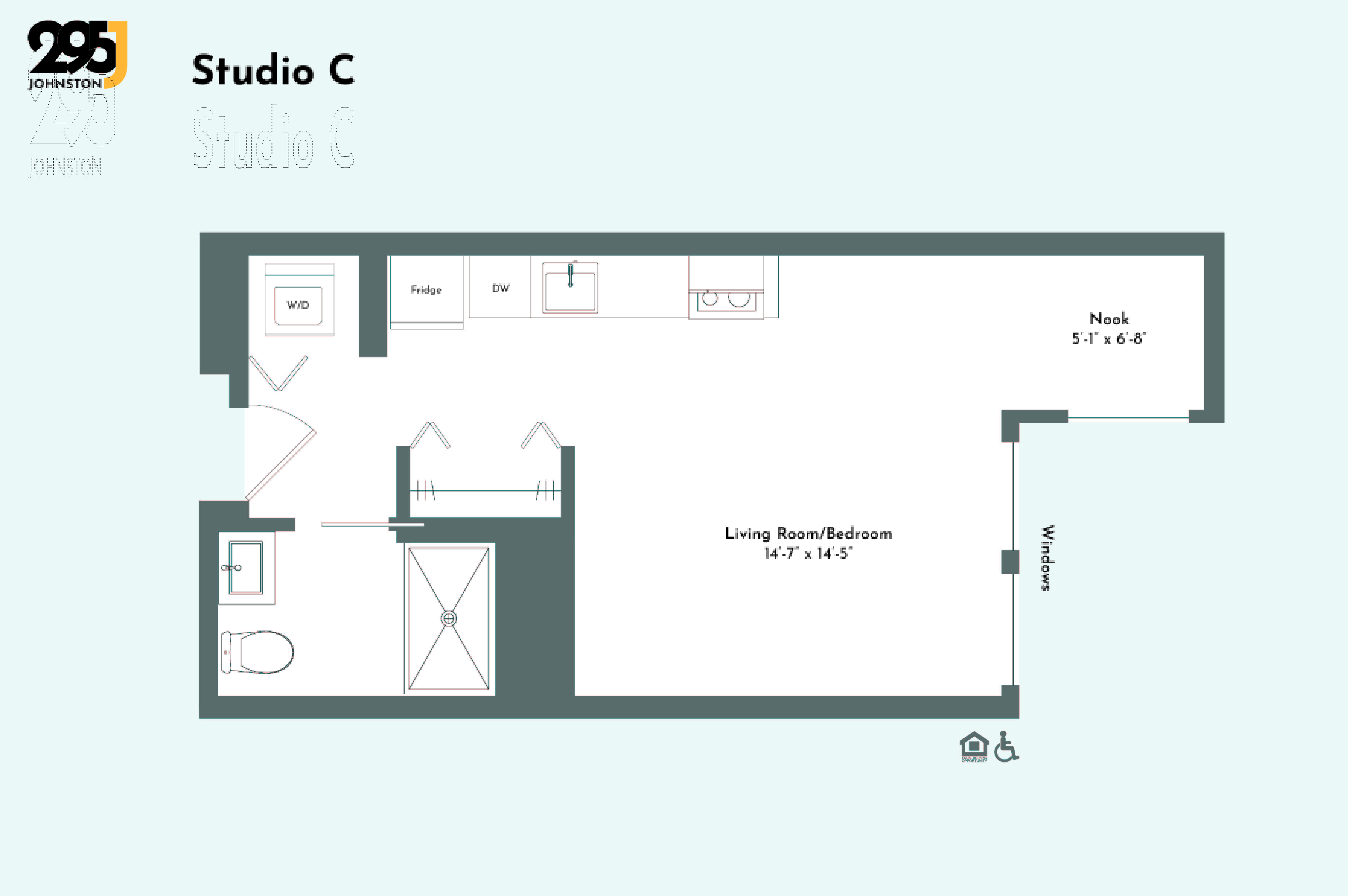 A floor plan for Studio C shows a living room, a bedroom, and a bathroom.