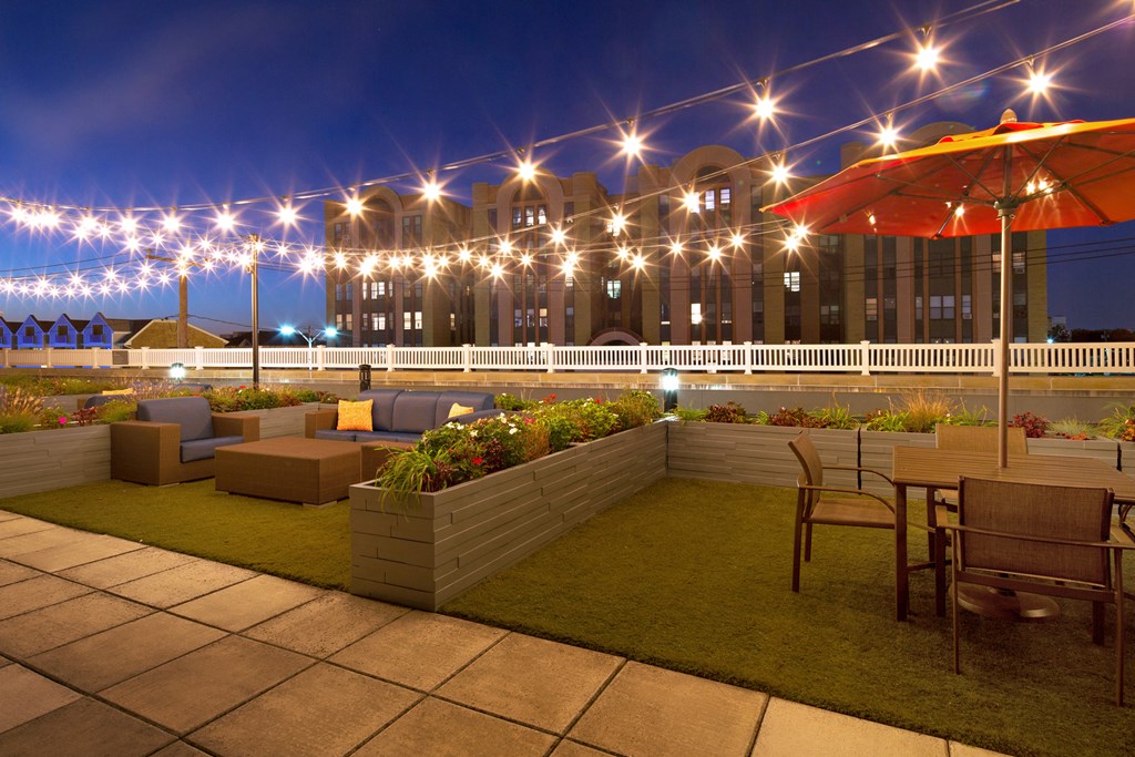 Night lights of outdoor at 10 West Apartments, Long Beach, New York