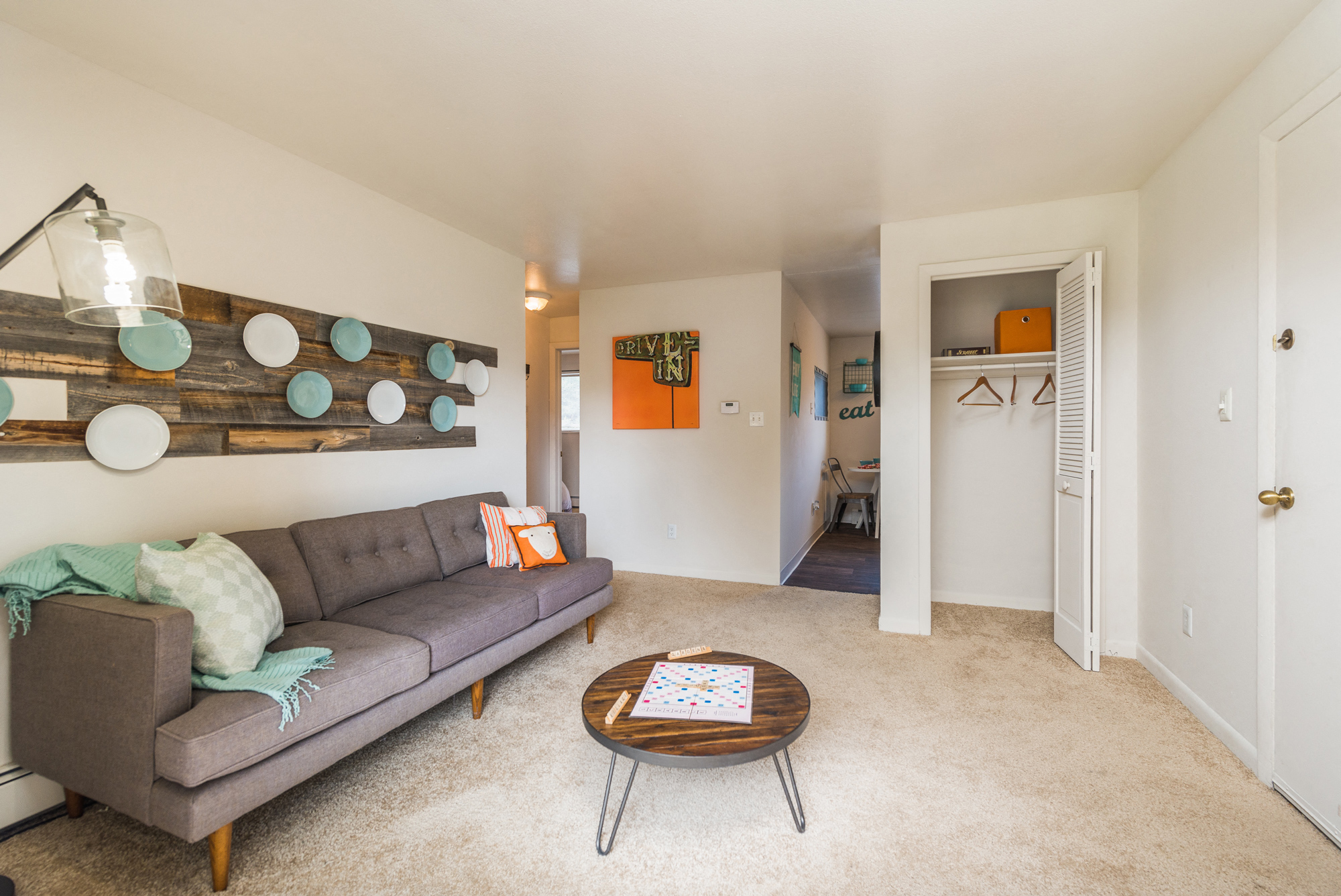 a living room with a couch and a coffee table