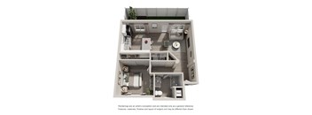 A 3D rendered image of a modern apartment layout.