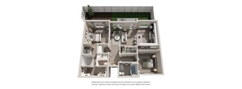 A 3D rendered image of a house layout.