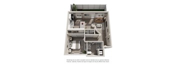 A 3D floor plan of a house with a kitchen, living room, and two bedrooms.