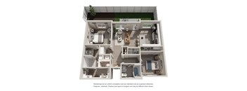 A 3D floor plan of a house with a kitchen, living room, and two bedrooms.