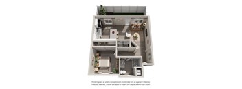 A 3D floor plan of a house with a kitchen, living room, and bathroom.