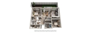 A 3D floor plan of a house with a kitchen, living room, and two bedrooms.