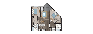 A floor plan of a house with a master bedroom, great room, and two bathrooms.