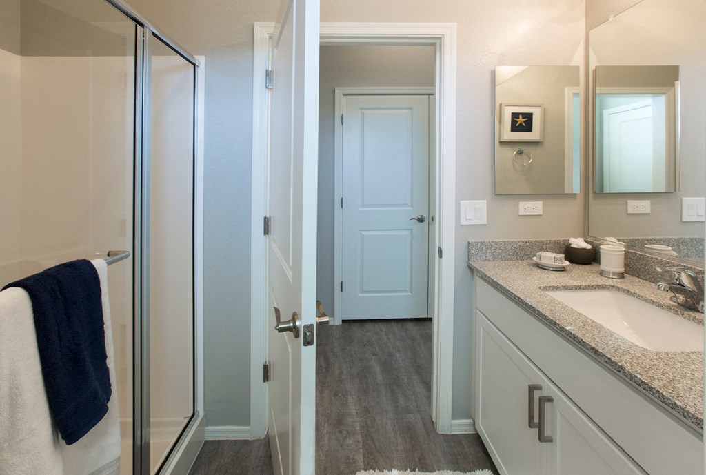 a bathroom with a shower and a sink and a mirror