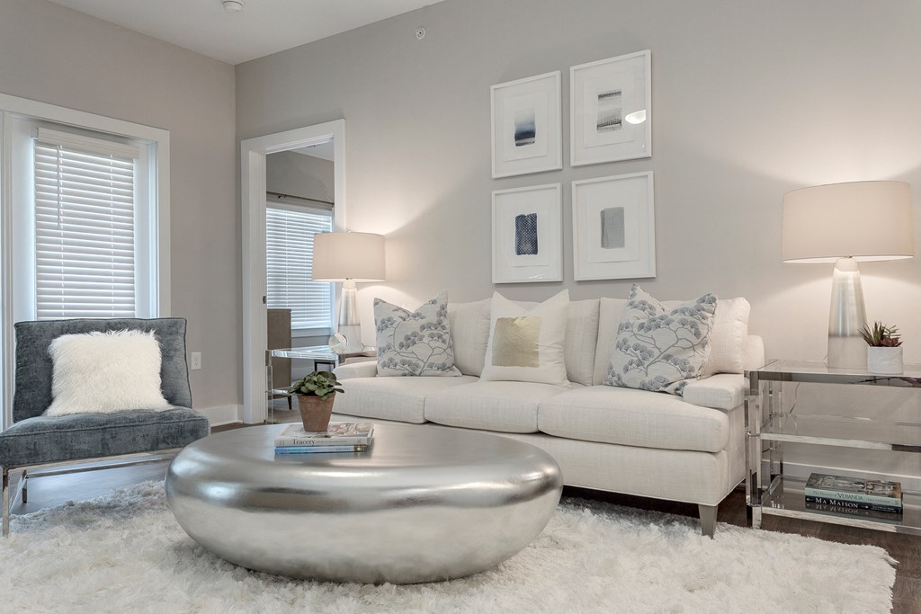 a living room with a white rug and a white couch at Annandale Apartment Homes, Murfreesboro, TN, 37128