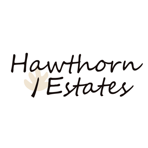 A logo with the text "Hawthorn Estates" and a graphic of a leaf.