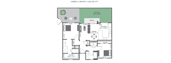 A floor plan of a 1,022 square foot apartment with two beds and two baths.