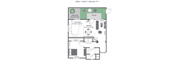 A floor plan of a 1 bedroom, 1 bathroom apartment that is 668 square feet.