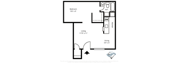 a floor plan of a studio apartment with a bedroom and a living room