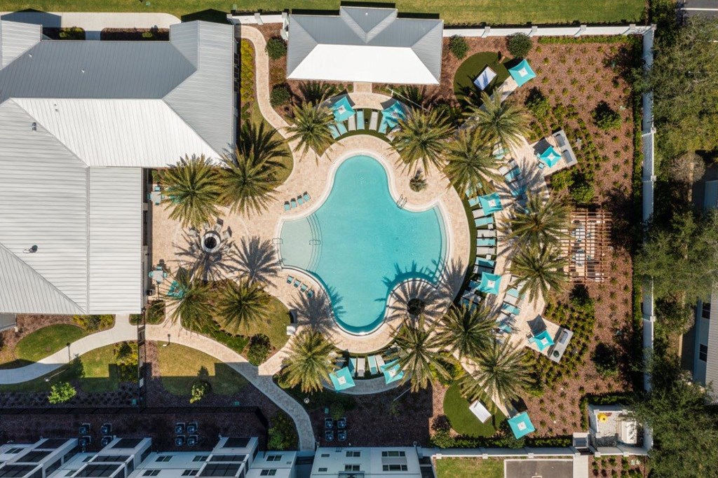 a swimming pool with palm trees in front of a hotel at Enclave at 3230 Apartments, South Daytona