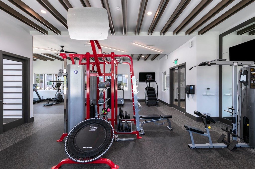 A gym with a red weight bench and a black weight plate on the floor at Enclave at 3230 Apartments, South Daytona, FL, 32119