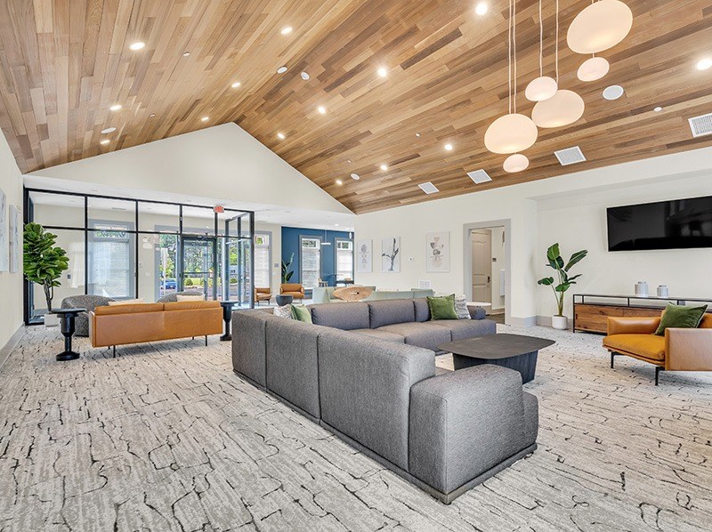 A modern living room with a grey sofa and wooden ceiling.