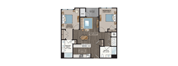 A floor plan of a house with a master bedroom, great room, and two bathrooms.
