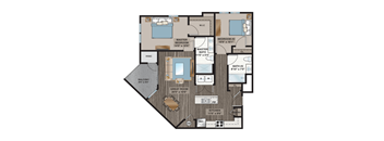 A floor plan of a house with a great room, two master bedrooms, a kitchen, and a balcony.