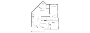 A black and white image of a house floor plan with a living room, two bedrooms, a balcony, and a mech.