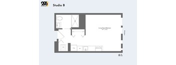 A floor plan for Studio B shows a living room/bedroom with dimensions, a kitchen, and a bathroom.