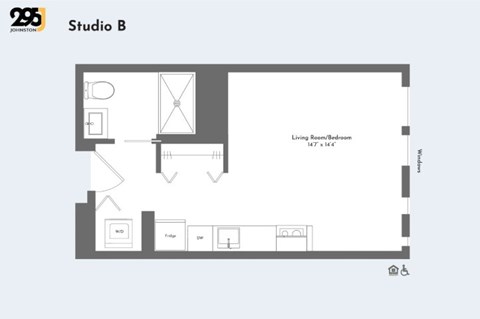 A floor plan for Studio B shows a living room/bedroom with dimensions, a kitchen, and a bathroom.