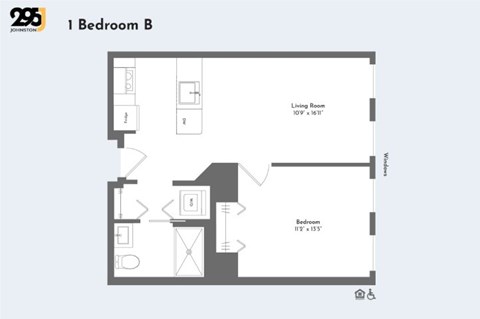 A floor plan of a 1 Bedroom B apartment with a living room, bedroom and bathroom.