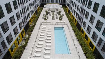 A pool surrounded by lounge chairs and greenery on a rooftop.