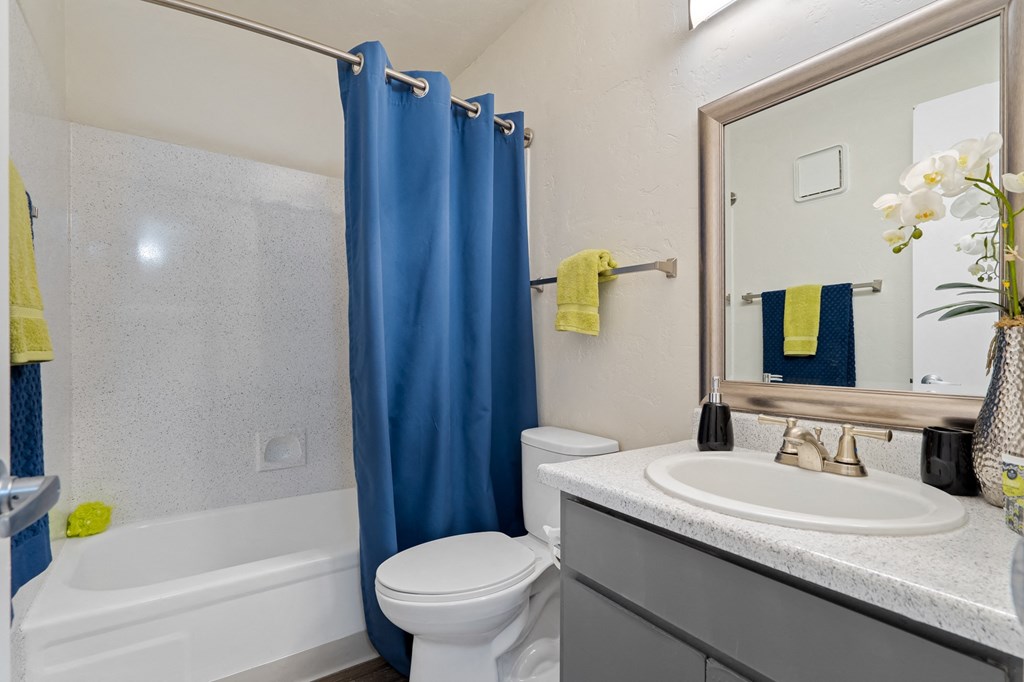 Bathroom with Shower and Tub at Verde Apartments, Tucson, AZ