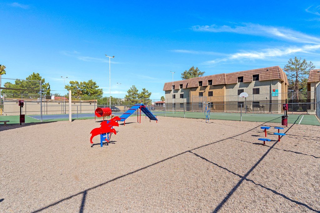 Outside Dog Park with play equipment at Verde Apartments, Tucson, AZ