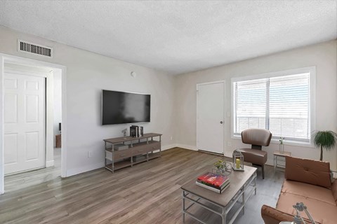 A living room with a brown couch and a television.