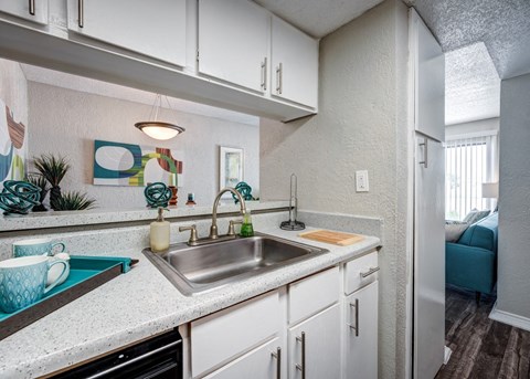 a kitchen with white cabinets and a stainless steel sink at Sundance Apartments, College Station, Texas