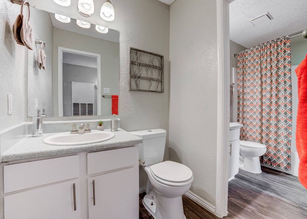 a bathroom with a toilet sink and mirror and a shower at Sundance and Sausalito Apartments, College Station