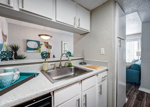 a kitchen with white cabinets and a sink