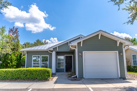 a green house with a white garage door