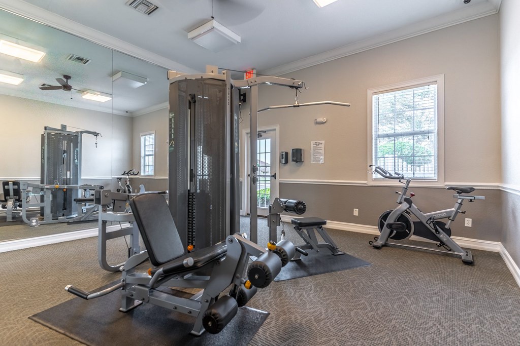 A well equipped gym with a mirror, treadmill, weights and exercise bikes.