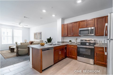 A kitchen with wooden cabinets and stainless steel appliances in a one bedroom apartment.