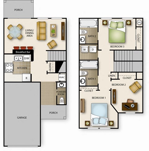 A floor plan of a house with a garage, two bedrooms, a living area, a kitchen, a dining area, a powder room, and a breakfast bar.