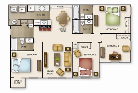 A floor plan of a house with four bedrooms, a pantry, a kitchen, a breakfast bar, a dining room, and a living room.