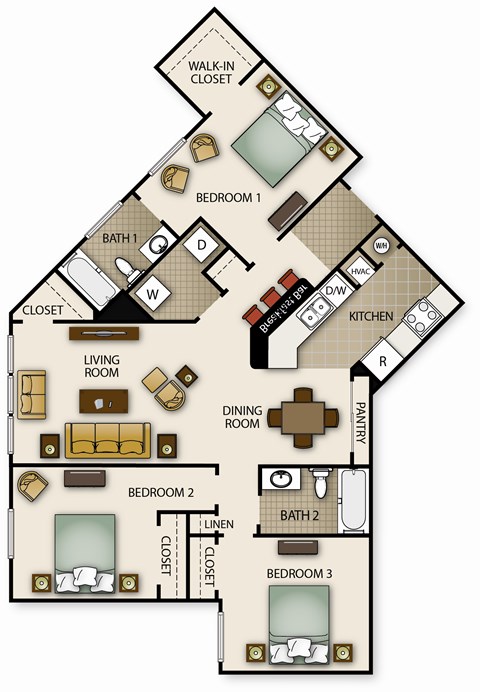 A floor plan of a house with three bedrooms, a living room, a kitchen, a dining room, and a walk-in closet.