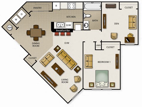 A floor plan of a house with a pantry, kitchen, dining room, living room, two bedrooms, and a bathroom.