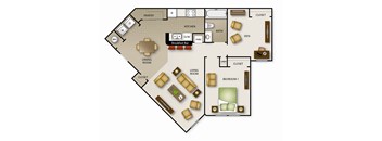 A floor plan of a house with a kitchen, dining room, living room, and two bedrooms.