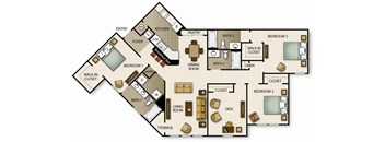 A floor plan of a house with labeled rooms such as a kitchen, living room, and three bedrooms.