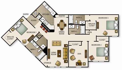 A floor plan of a house with labeled rooms such as a kitchen, living room, and three bedrooms.
