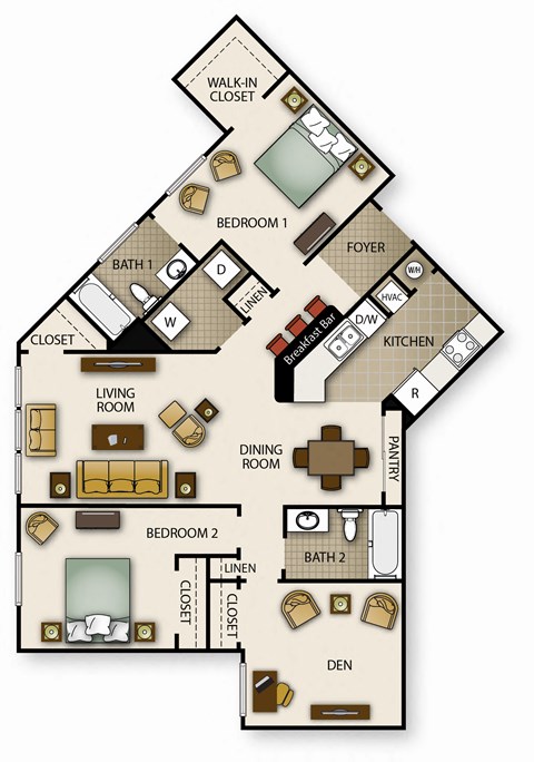 floor plan of two bed with den two bath unit